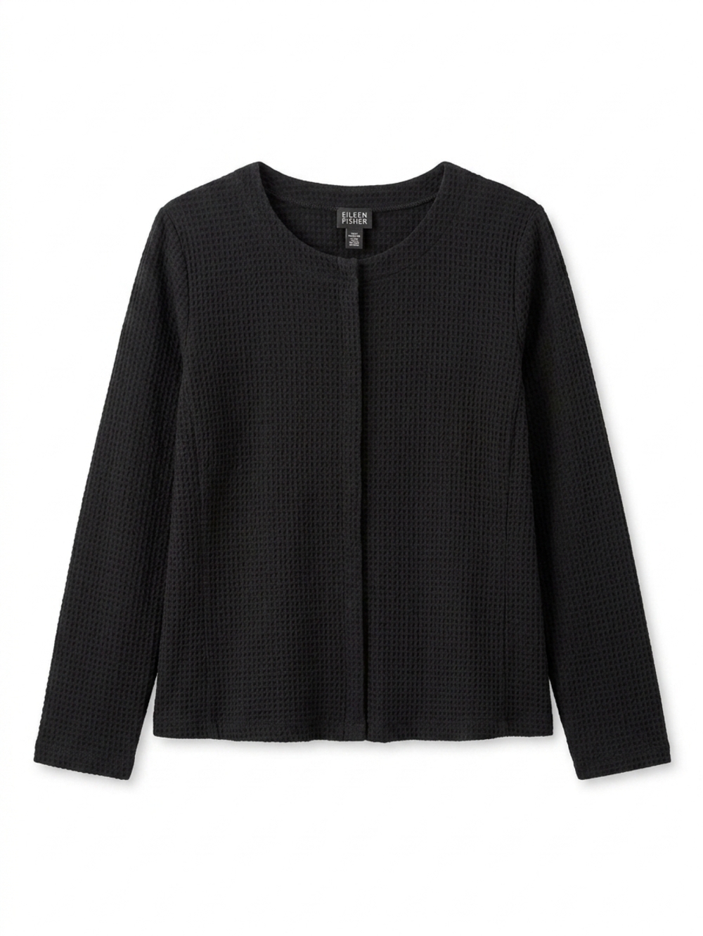 EILEEN FISHER Black Waffle Knit Snap Front Cardigan Jacket Medium M Italian Fall